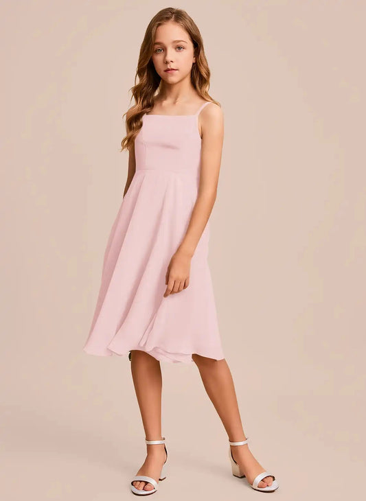 Flowy A-Line Square Neck Sleeveless Tie Back Midi Junior Bridesmaid Dress