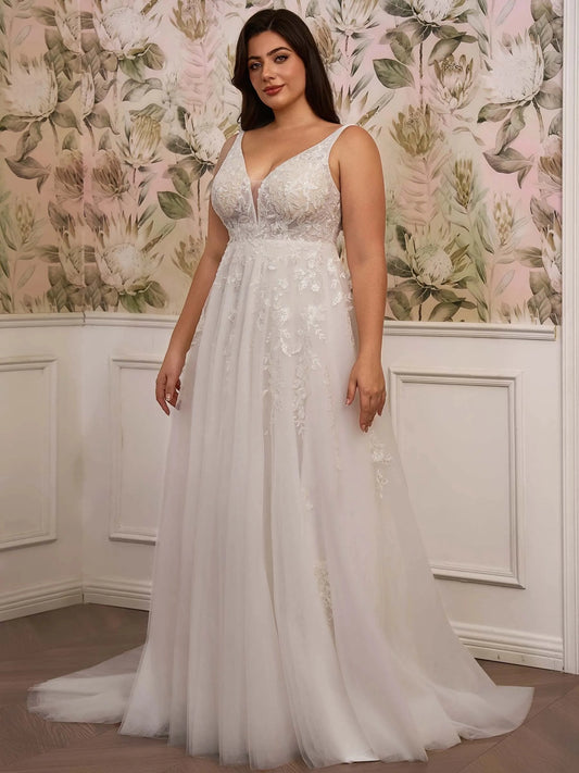 Romantic A-Line V-Neck Sleeveless Low-Back Floor-Length Wedding Dress