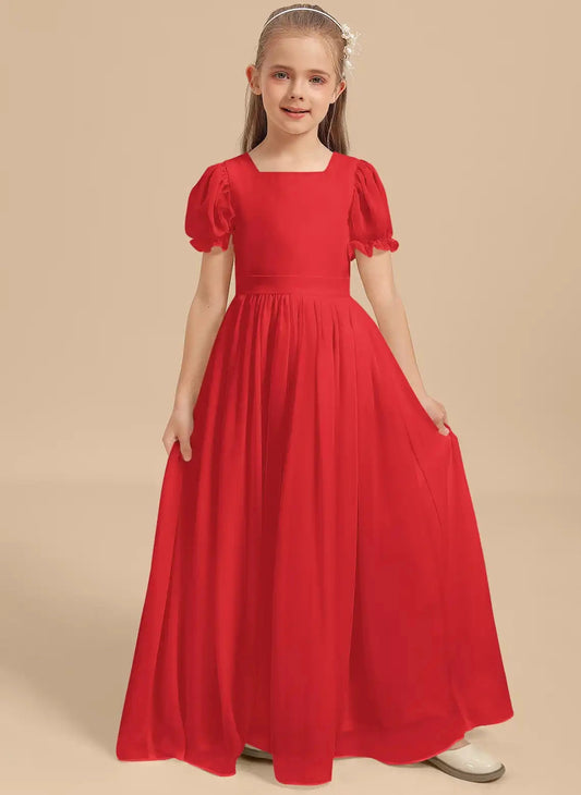 Elegant A-line Square Neck Puff Sleeve Bow Back Maxi First Communion Dress