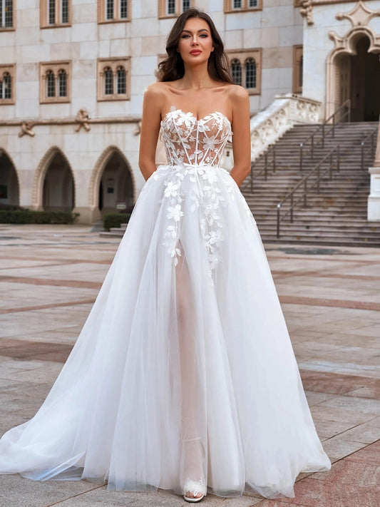 Romantic A-Line Sweetheart Sleeveless Button Back Floor Length Wedding Dress