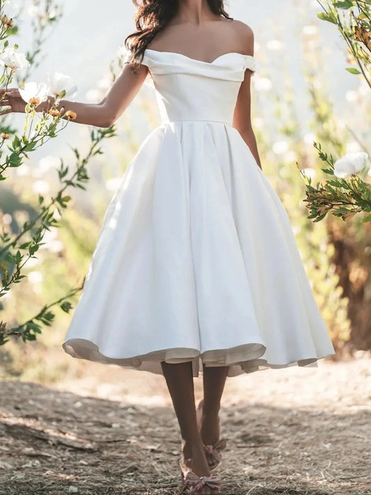 Elegant A Line Off Shoulder Sleeveless V Back Tea Length Wedding Dress