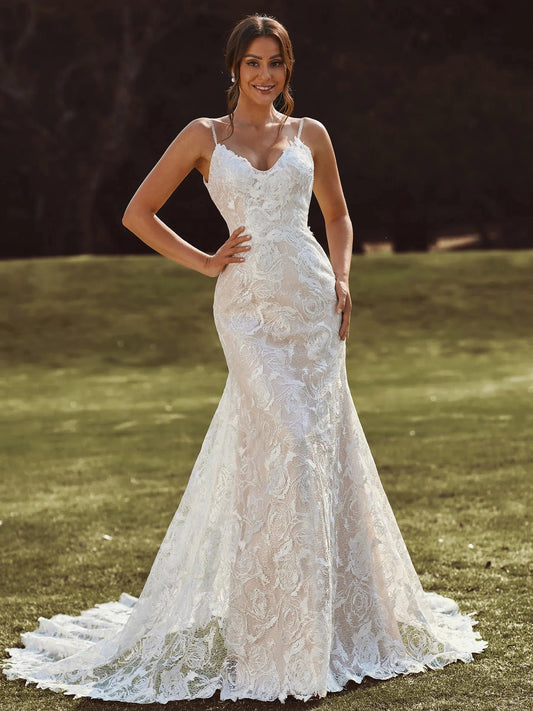 Romantic Mermaid V Neck Spaghetti Strap Low Back Wedding Dress