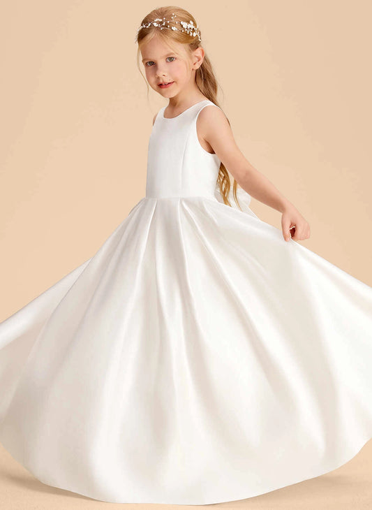 Satin A Line Round Neck Sleeveless V Back Floor Length First Communion Dress