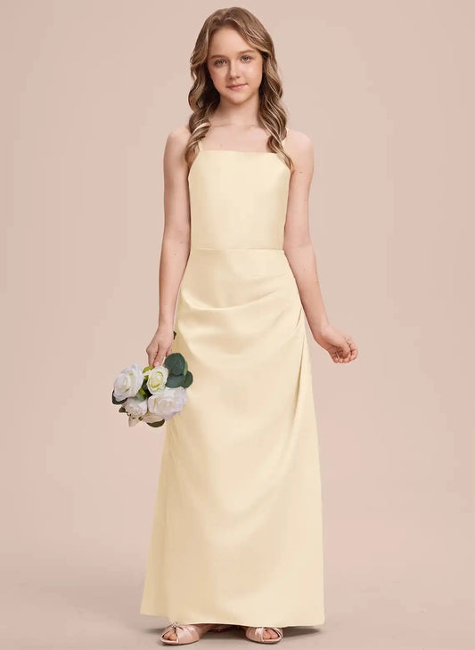Satin Sheath Square Neck Sleeveless Heart Cutout Back Maxi Junior Bridesmaid Dress