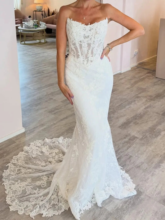 Romantic Mermaid Sweetheart Sleeveless Corset Back Floor Length Wedding Dress