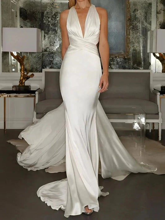 Elegant Mermaid V Neck Sleeveless Cross Back Floor Length Wedding Dress
