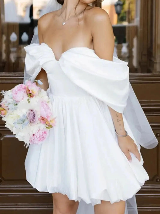Elegant A-Line Sweetheart Off-Shoulder Sleeves Zip-Back Mini Wedding Dress