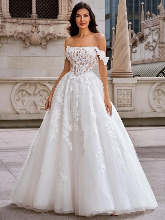 Romantic Ball Gown Off Shoulder Short Sleeve Lace Up Floor Length Wedding Dress