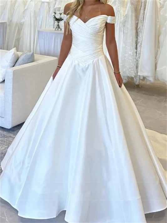 Elegant Ball Gown Sweetheart Off Shoulder Lace Back Train Wedding Dress