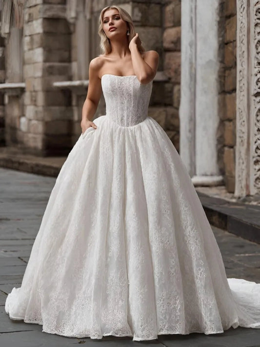 Romantic Ball Gown Straight Neck Sleeveless Low Back Floor Length Wedding Dress