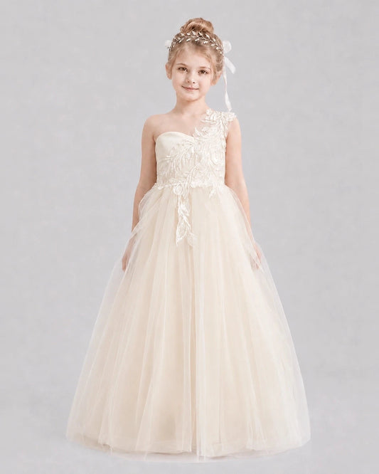 Elegant A-Line One-Shoulder Sleeveless V-Back Floor-Length Flower Girl Dress