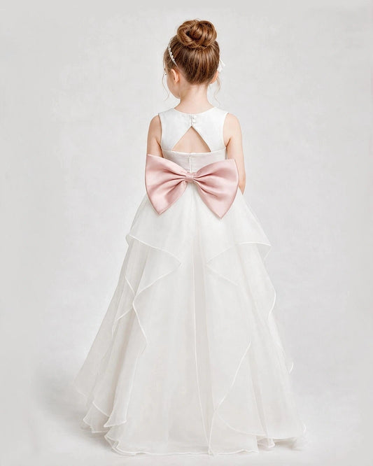 Elegant A-Line V-Neck Sleeveless Keyhole Bow Back Floor-Length Flower Girl Dress