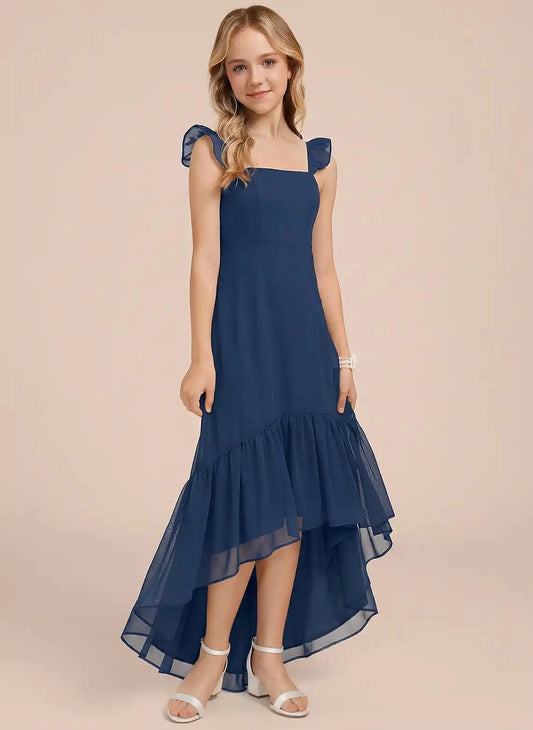 Flowy A-Line Square Neck Ruffle Strap Adjustable Back Hi-Lo Junior Bridesmaid Dress