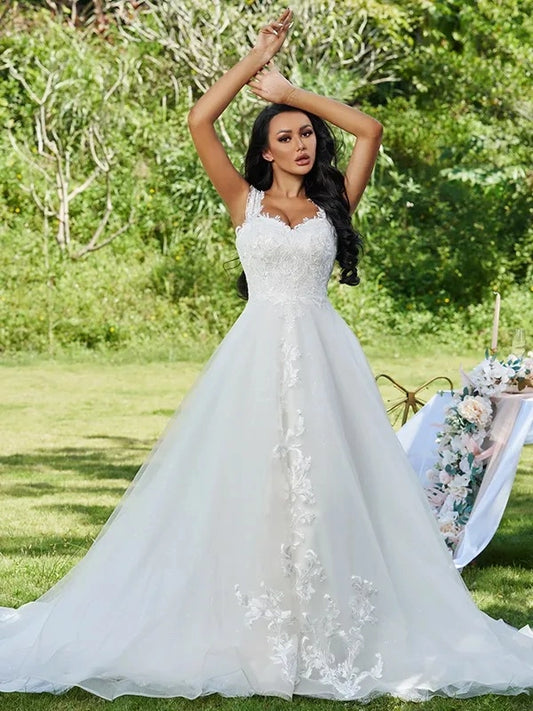 Romantic A-Line Sweetheart Sleeveless Lace-Up Back Floor-Length Wedding Dress