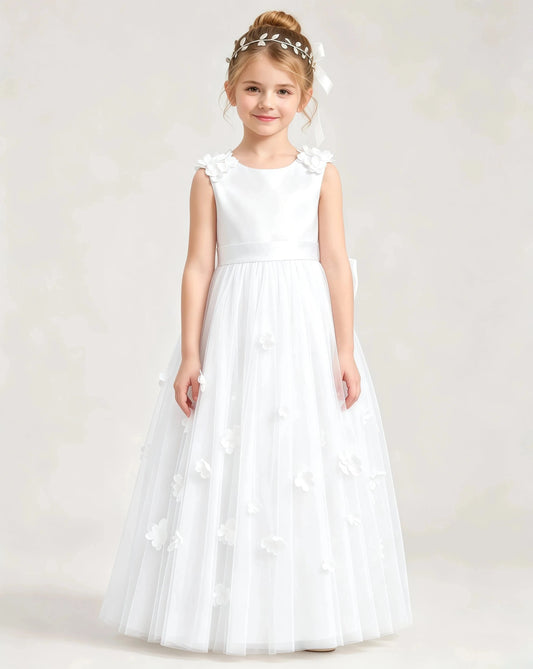 Elegant A-Line Round Neck Sleeveless Bow Back Floor Length Flower Girl Dress