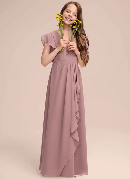 Soft A-Line V Neck Flutter Sleeve V Back Maxi First Communion Dress