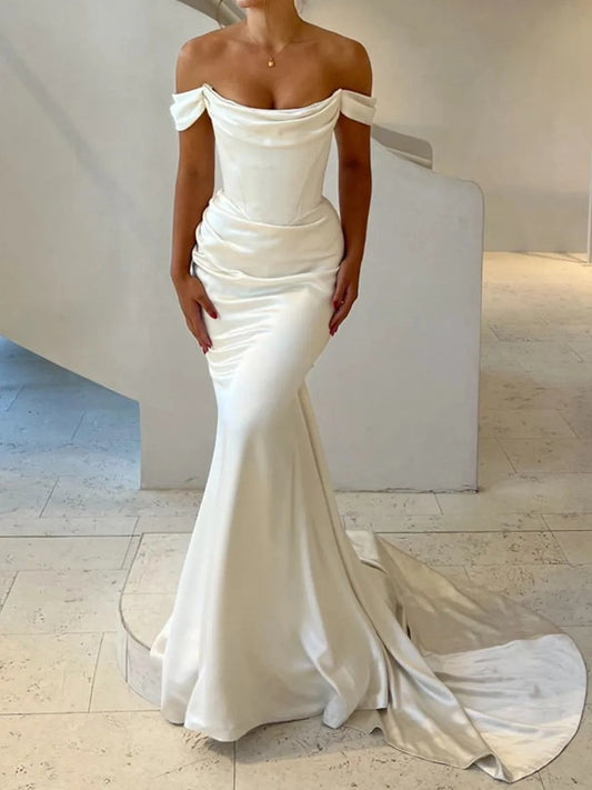 Elegant Mermaid Draped Off Shoulder Sleeveless Fitted Back Floor Length Wedding Dress