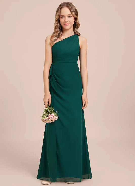 Elegant Sheath One Shoulder Sleeveless Crisscross Back Floor Length Junior Bridesmaid Dress