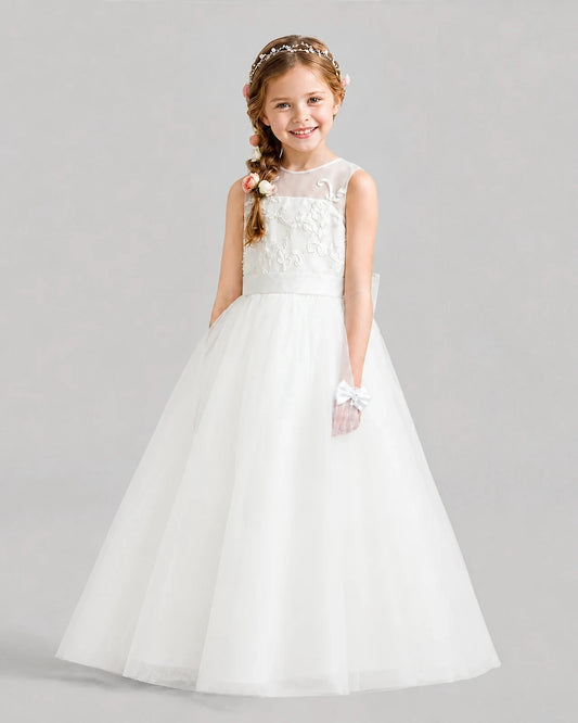 Elegant A-Line Round Neck Sleeveless Classic Back Floor Length Flower Girl Dress
