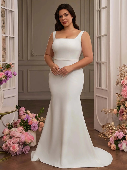 Elegant Mermaid Square Neck Sleeveless Lace Up Floor Length Wedding Dress