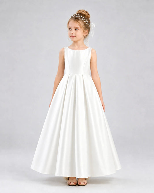 Elegant A-Line Round Neck Sleeveless Bow Back Maxi Flower Girl Dress