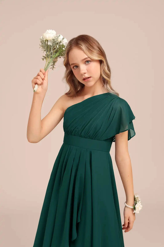 Elegant A-Line One Shoulder Ruffle Sleeve Plain Back Hi-Lo Junior Bridesmaid Dress