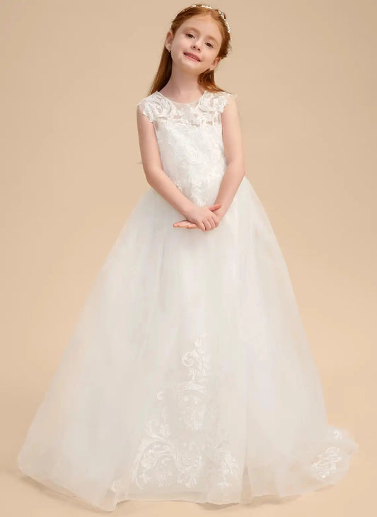 Elegant A-line Round Neck Sleeveless V Notched Back Floor Length First Communion Dress