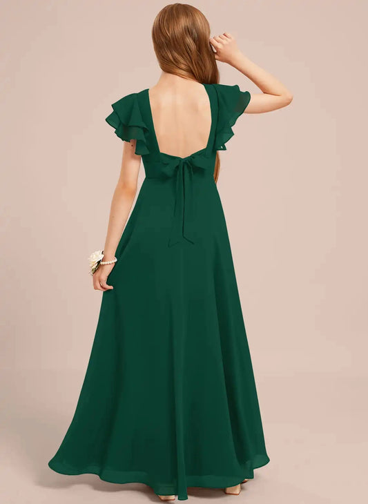 Elegant A Line Round Neck Flutter Sleeve Open Back Bow Maxi Junior Bridesmaid Dress