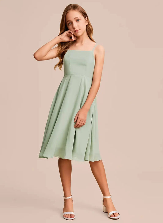 Flowy A-Line Square Neck Sleeveless Tie Back Midi Junior Bridesmaid Dress