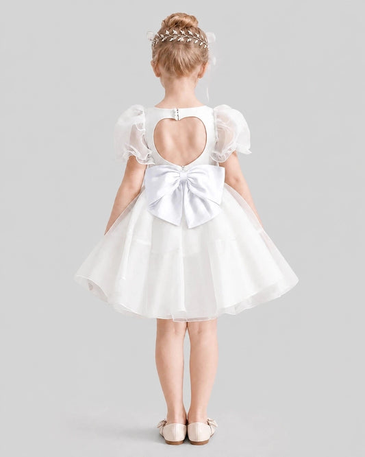 Elegant A-Line Sweetheart Puff Sleeve Heart Back Knee-Length Flower Girl Dress