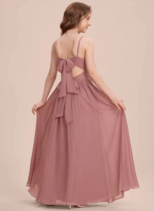 Elegant A-Line V-Neck Spaghetti Strap Bow Back Slit Junior Bridesmaid Dress