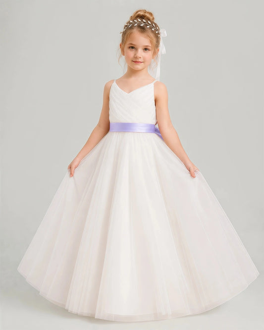 Elegant A-Line V-Neck Spaghetti Strap Bow Back Floor-Length Flower Girl Dress