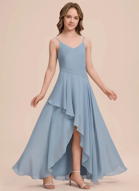 Elegant A-Line V Neck Sleeveless V Back Floor-Length Junior Bridesmaid Dress