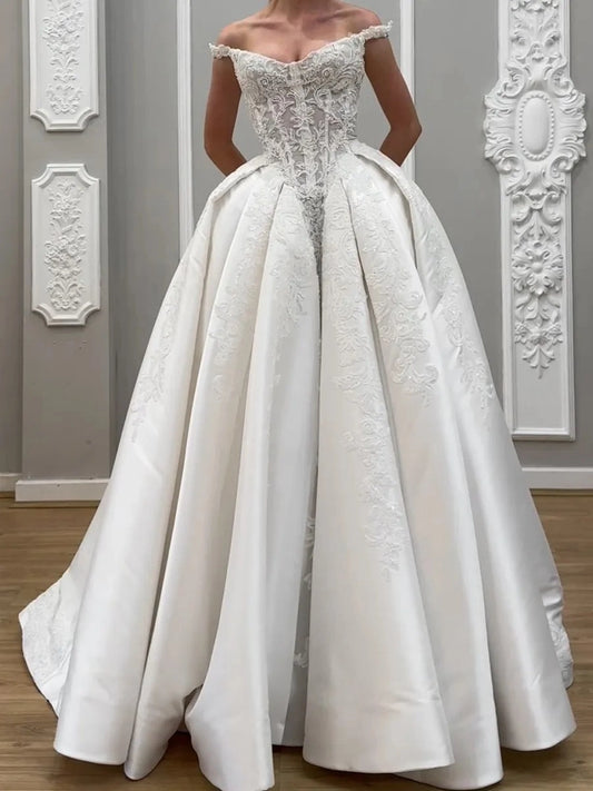 Luxurious Ball Gown Sweetheart Off Shoulder Lace Up Floor Length Wedding Dress