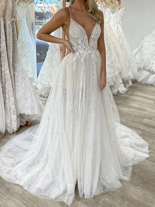 Romantic A-Line V-Neck Sleeveless Open Back Floor Length Wedding Dress