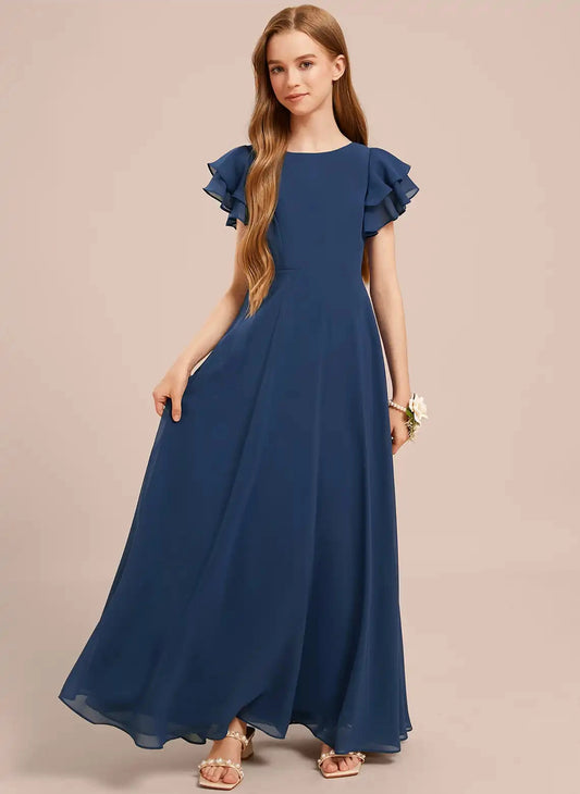 Elegant A Line Round Neck Flutter Sleeve Open Back Bow Maxi Junior Bridesmaid Dress