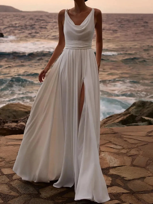 Romantic A Line Cowl Neck Sleeveless Lace Up Floor Length Wedding Dress