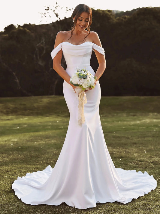Elegant Mermaid Cowl Neck Off Shoulder Open Back Train Wedding Dress