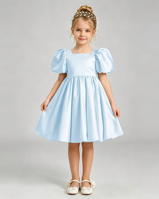 Elegant A Line Square Neck Puff Sleeve Heart Back Knee Length Dress