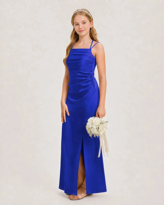 Elegant Column Square Neck Sleeveless Tie Back Maxi Junior Bridesmaid Dress