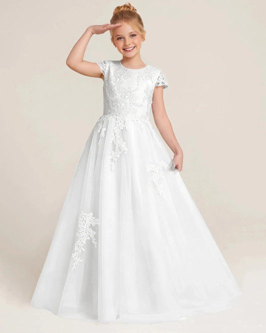 Elegant A-Line Round Neck Cap Sleeve Illusion Back Floor-Length Flower Girl Dress