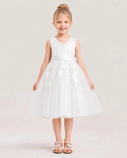 Elegant A-Line V-Neck Sleeveless Bow-Back Knee-Length Flower Girl Dress
