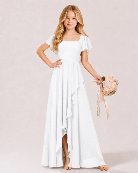 Elegant A Line Square Neck Flutter Sleeve Tie Back Maxi Dress