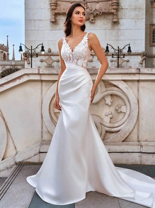 Elegant Mermaid V Neck Sleeveless Deep Back Floor Length Wedding Dress