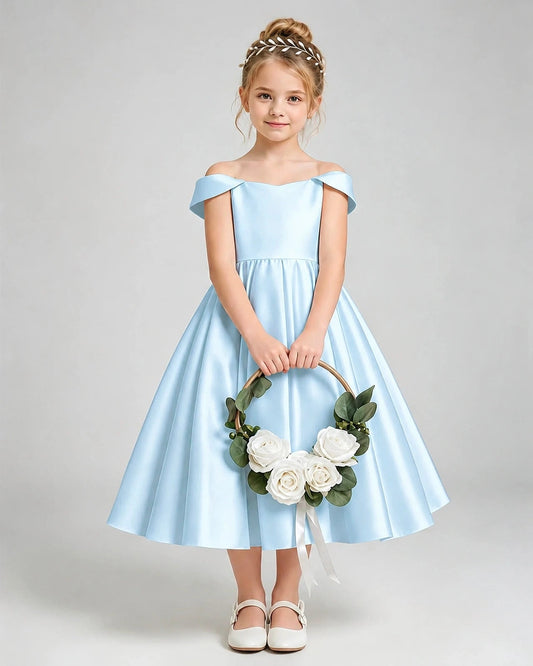 Elegant A-Line Off-Shoulder Sleeveless Bow Back Tea-Length Flower Girl Dress