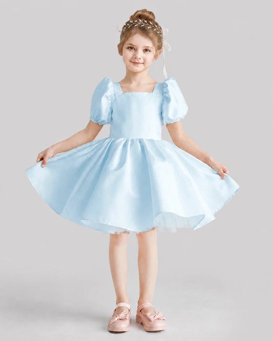 Elegant A-Line Square Neck Puff Sleeve Bow Back Dress Birthday
