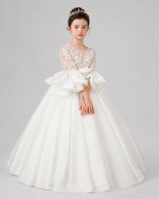 Elegant Ball Gown Round Neck Long Sleeve Button Back Floor Length Flower Girl Dress