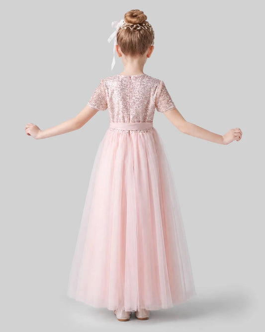 Elegant A-Line Round Neck Short Sleeve Zipper Back Maxi Flower Girl Dress