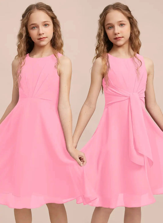 Elegant A-line Round Neck Sleeveless V-Back Midi Junior Bridesmaid Dress