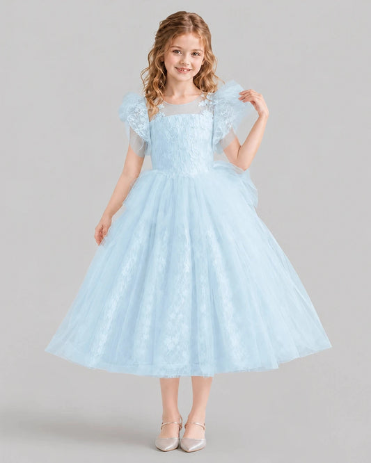 Elegant A-Line Illusion Neck Ruffle Sleeve Zipper Back Midi Flower Girl Dress